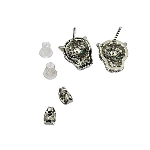 Silvertone Round Pave` Crystal Green Marquise Eyes Panther Cat Stud Earrings - Picture 9 of 9